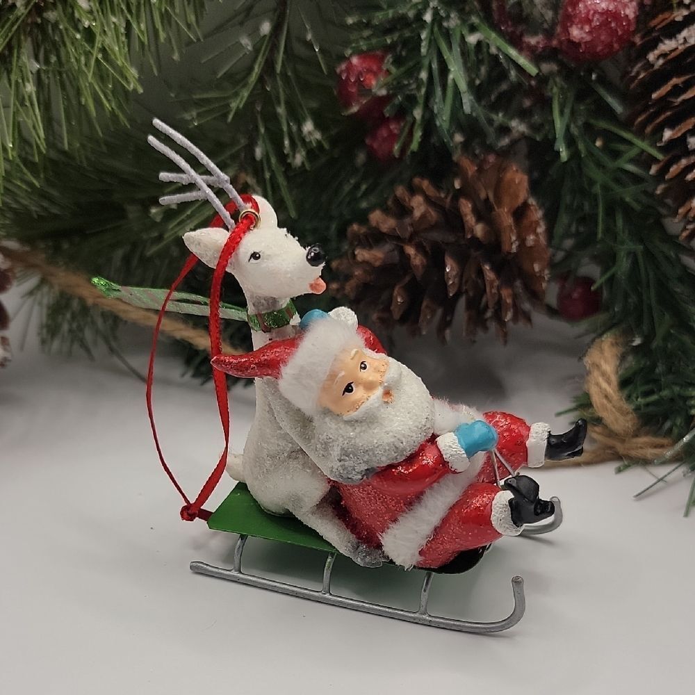 Retro Santa Christmas Tree Ormament On A Sled With His Reindeer 4.5" Tall